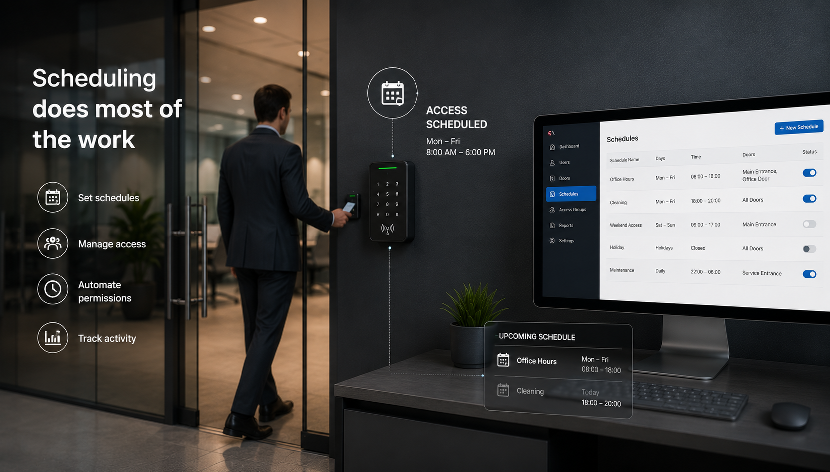 Access control scheduling software showing door schedules for office hours, cleaning, weekend access, holidays and maintenance