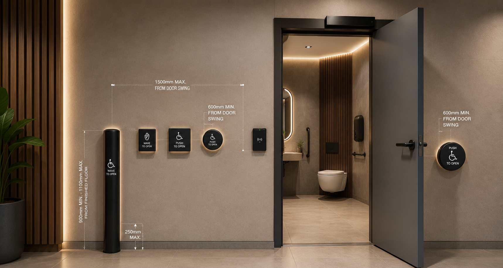 Accessible door operator activation switch mounting heights and clearances, 900 to 1100mm from finished floor and 1500mm maximum from the door swing