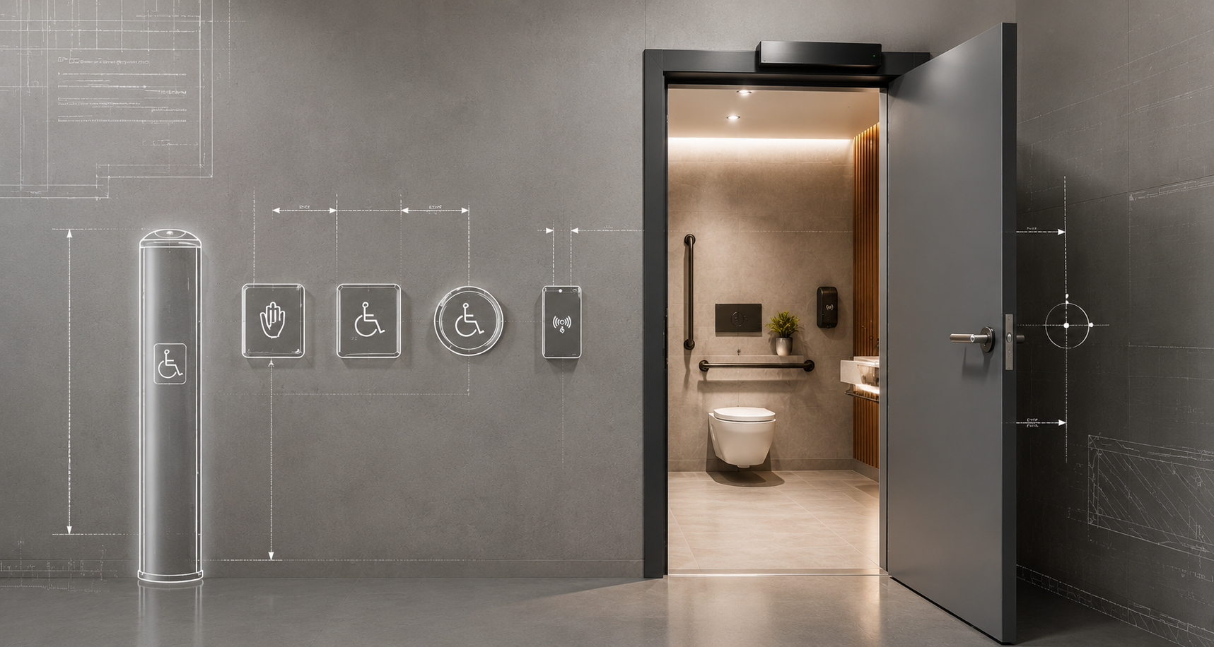 Accessible door operator fitted above a commercial washroom door with wave to open and push to open activation devices