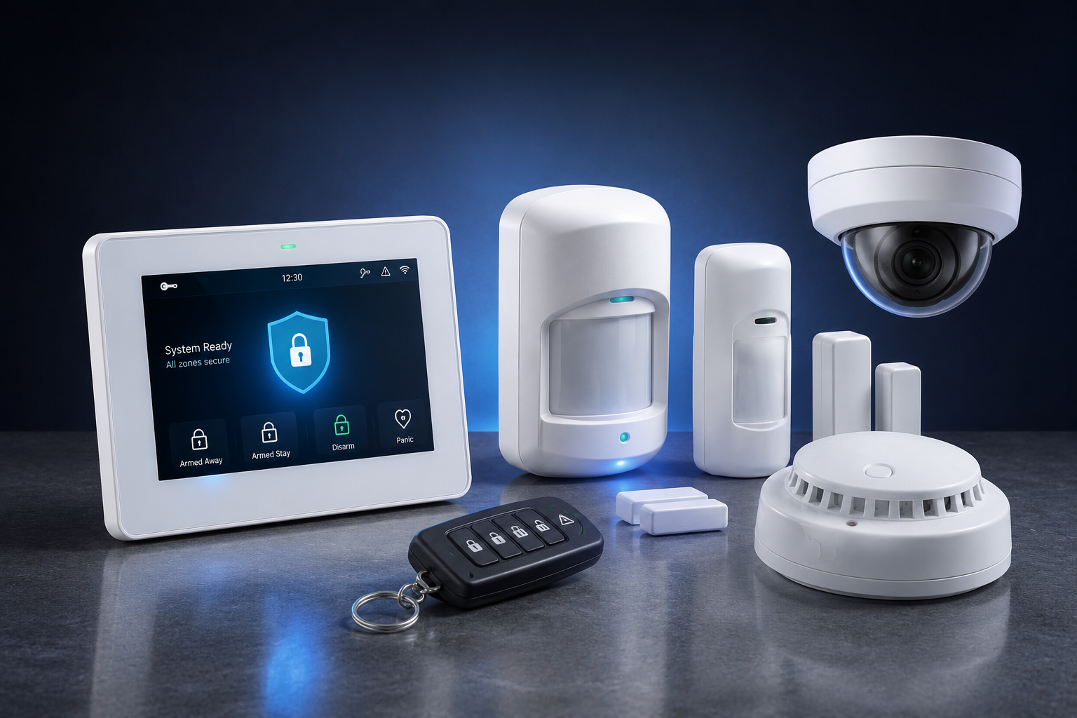 Alarm verification equipment with a touchscreen keypad showing all zones secure, beside motion detectors, a dome camera and a smoke detector