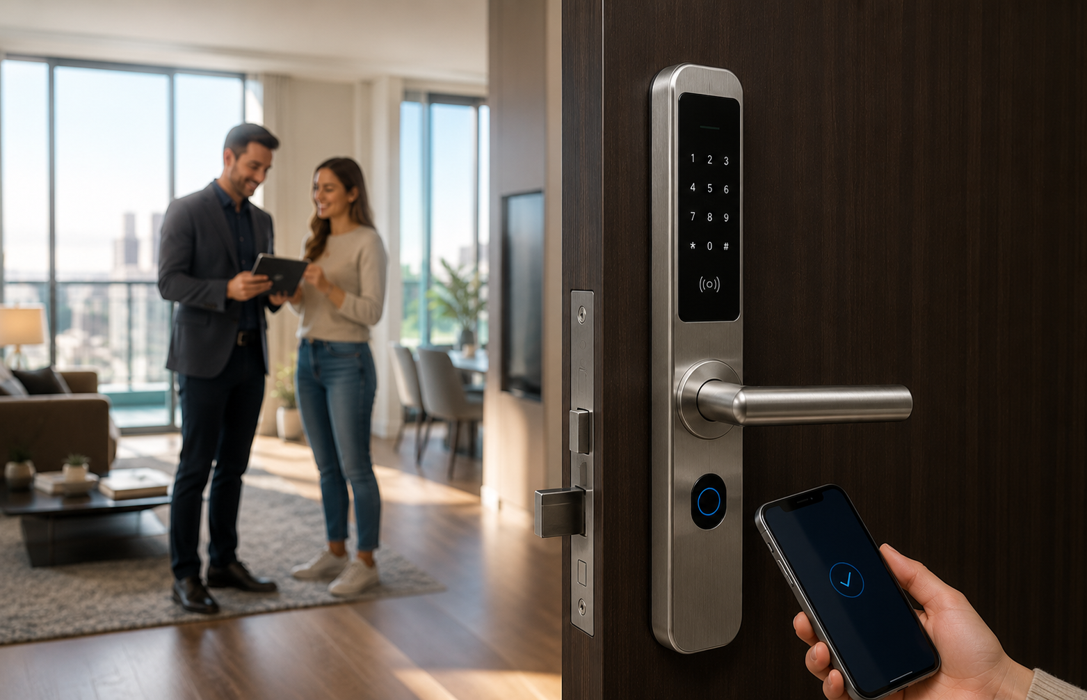 Apartment suite door smart lock with keypad and card reader being unlocked from a phone while residents view the suite