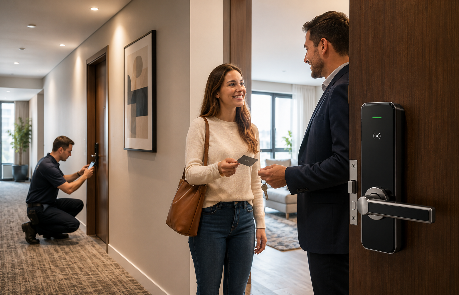 Property manager handing a new resident a key card at a suite door while a technician fits a smart lock further along the corridor
