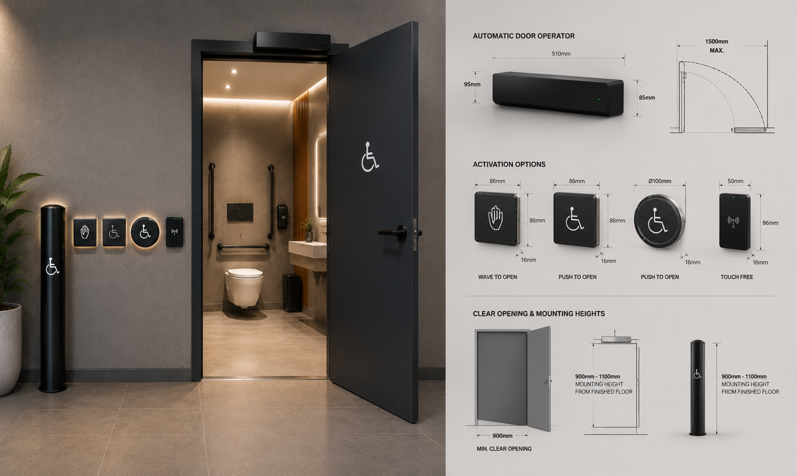 Automatic door operator specifications showing wave to open, push to open and touch free activation options with a 900mm minimum clear opening