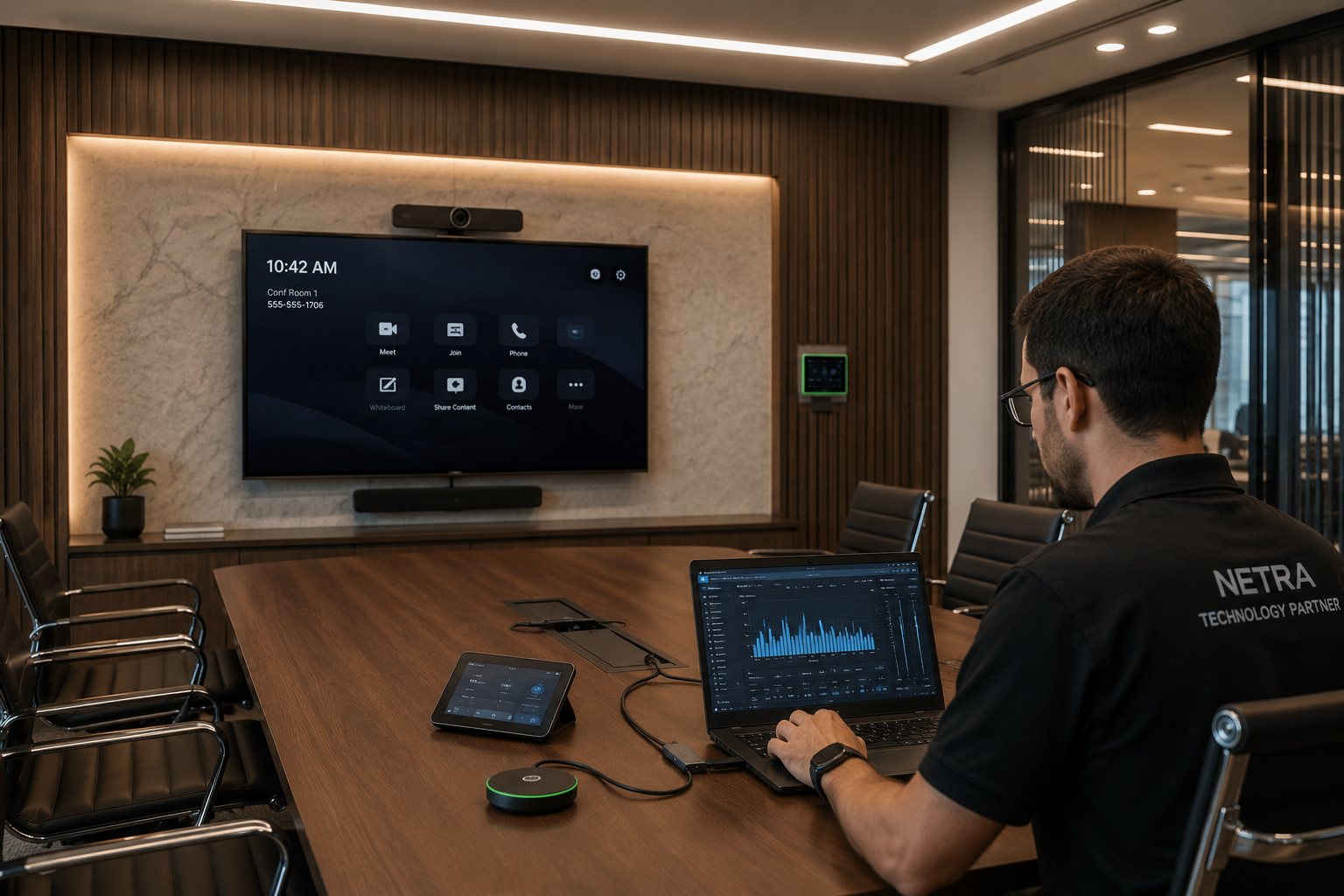 Technician commissioning a boardroom, tuning the room audio from a laptop beside the touch panel