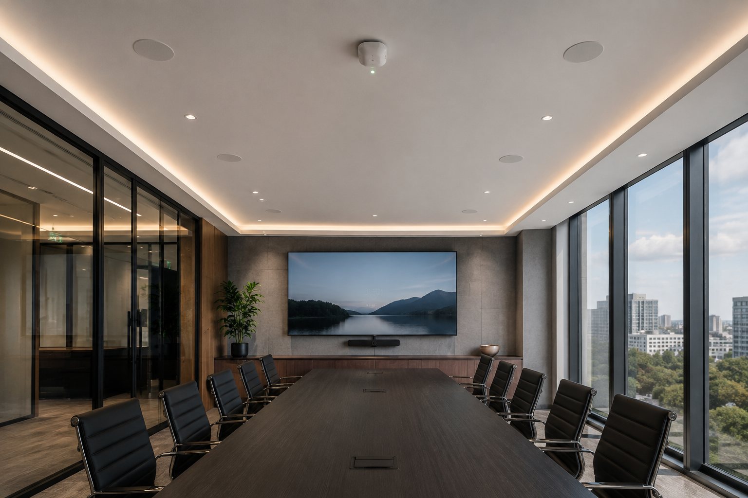 Boardroom with ceiling microphones and ceiling speakers above a table left clear of equipment