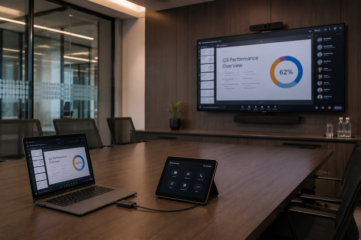 Guest laptop connected to a boardroom display by cable, showing the same slide on both screens