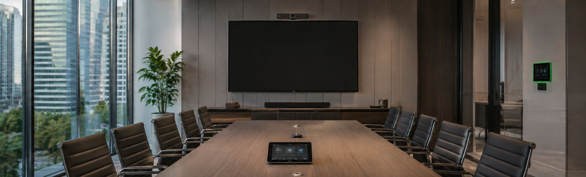 Boardroom with a large wall mounted display, camera, soundbar and a touch control panel on the table