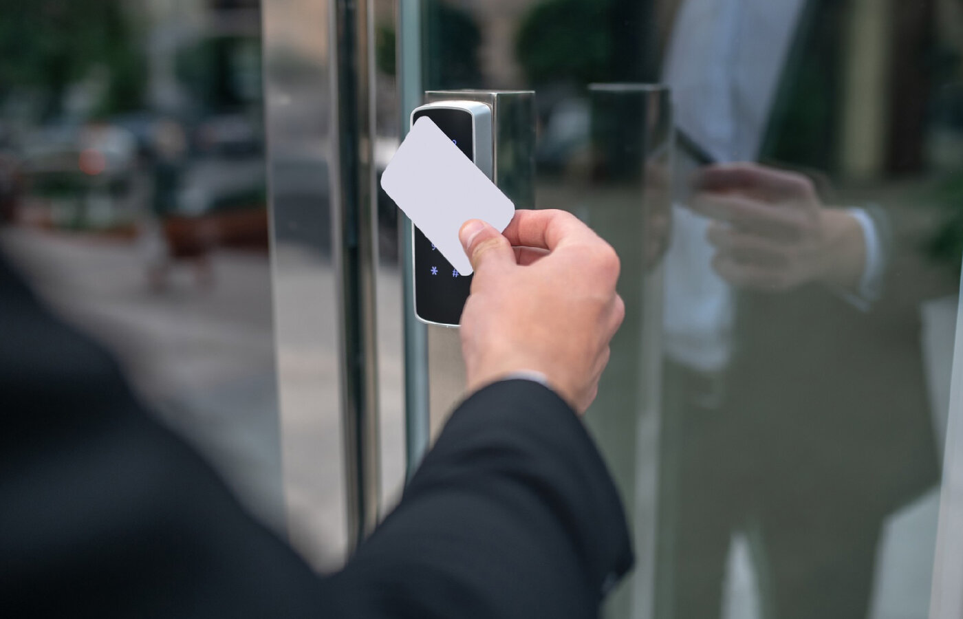 Access card tapped on an exterior door reader