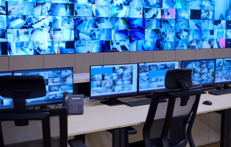 Security monitoring room with a video wall