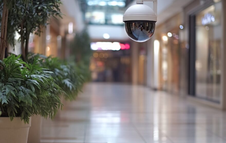 Dome camera covering a commercial lobby