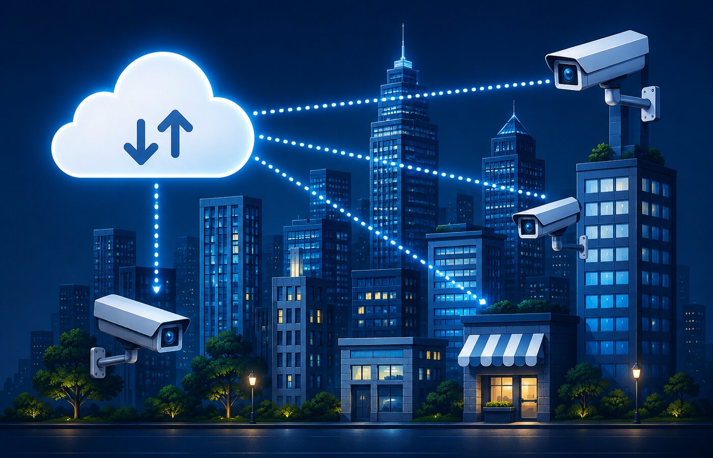 Cameras across a city streaming footage to the cloud