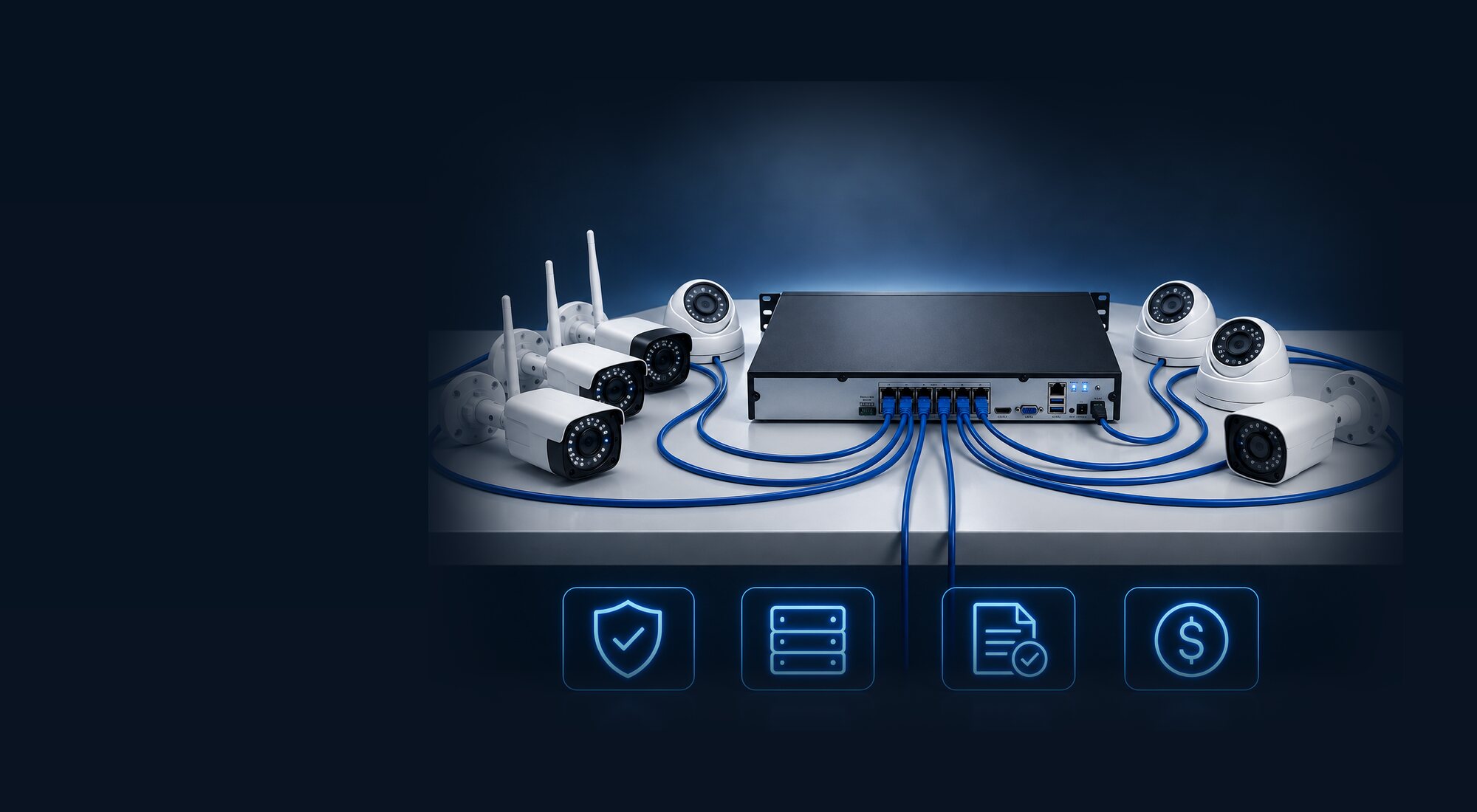 Network video recorder connected to a ring of cameras, with on site benefit icons