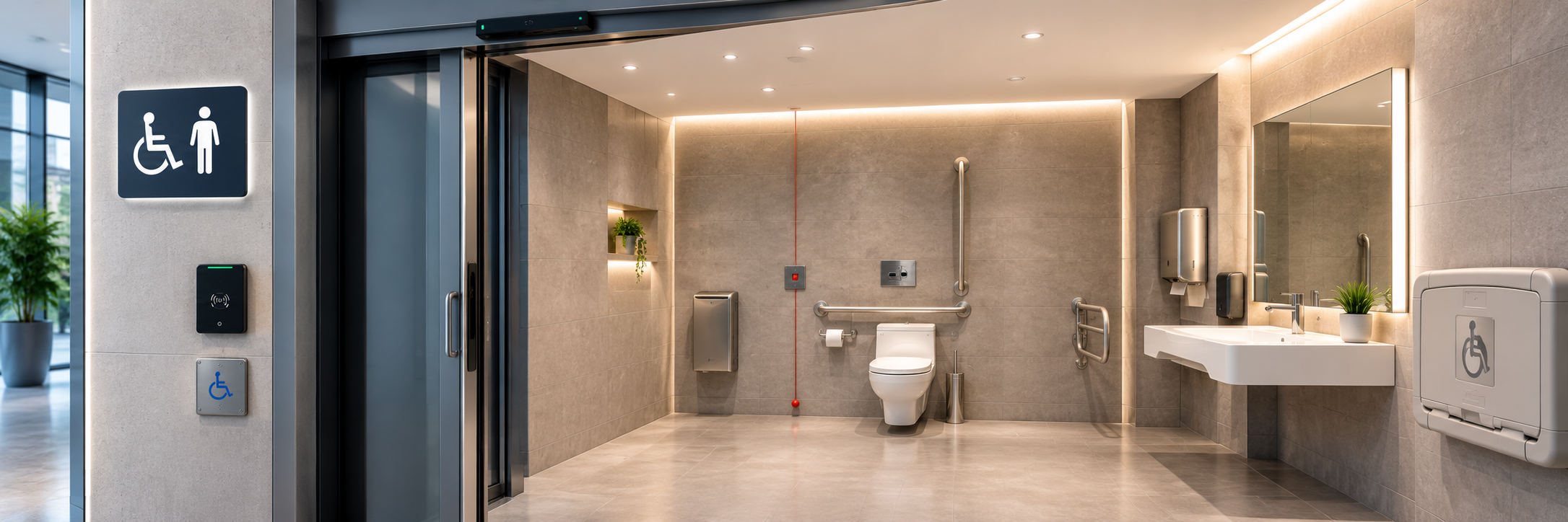 Universal washroom seen through an open automatic sliding door, with grab bars, wall hung toilet, sink and a red emergency pull cord