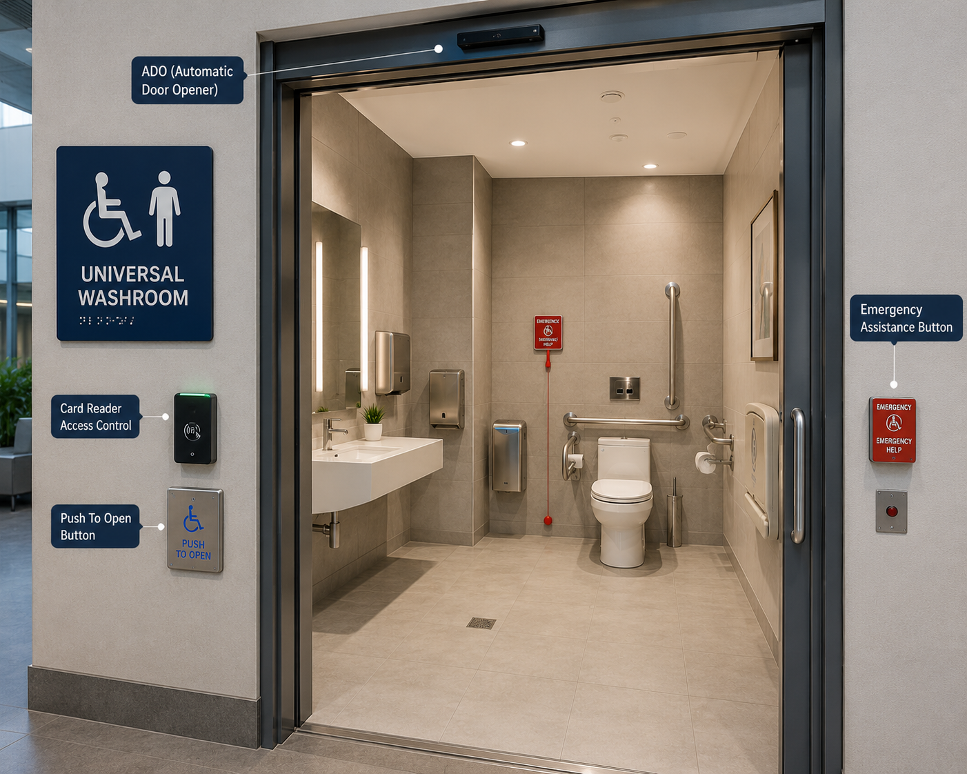 Universal washroom entrance labelled with the automatic door opener, card reader access control, push to open button and emergency assistance button