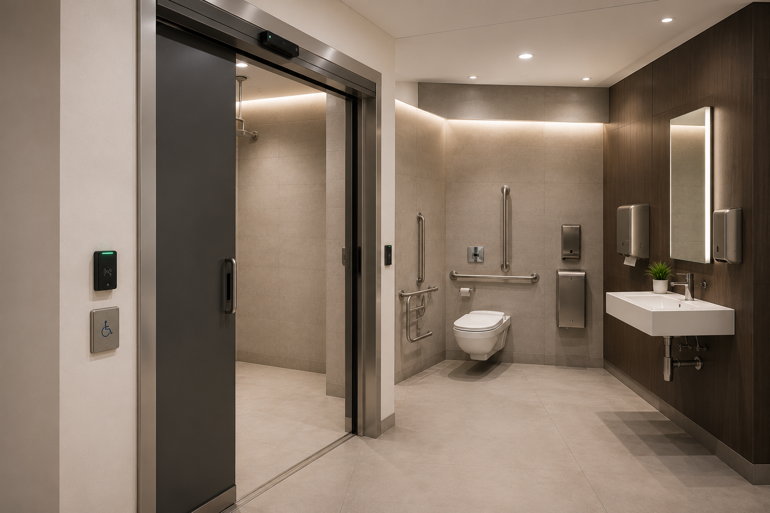 Universal washroom with an automatic sliding door, card reader and push to open plate beside the grab bars and vanity