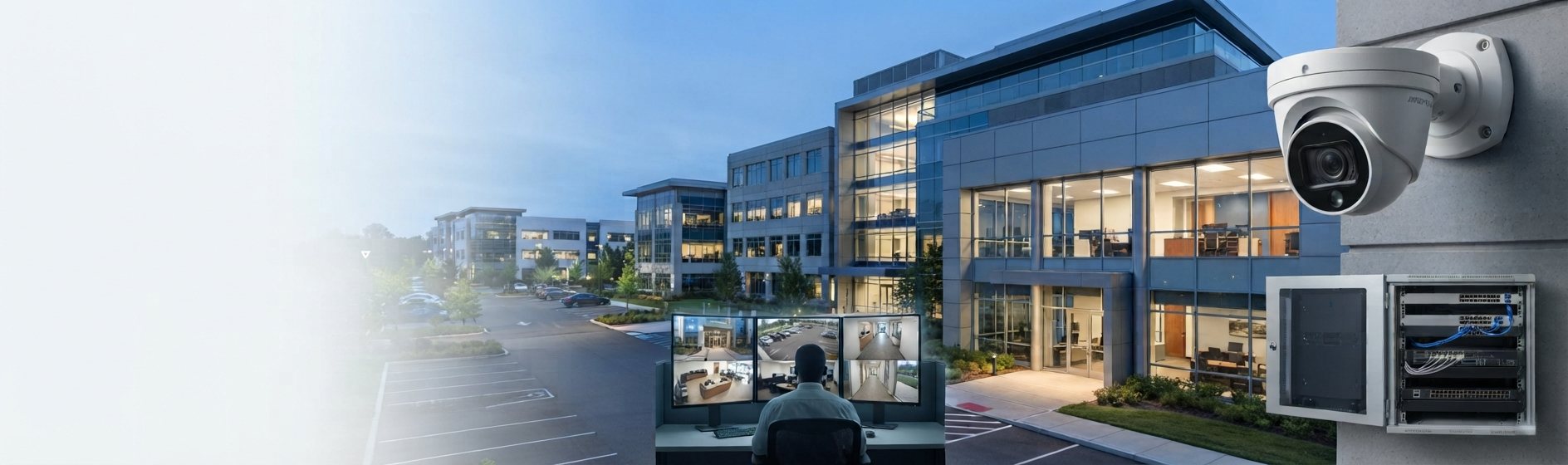 Cloud video surveillance across an office campus, with an operator reviewing camera views beside a network rack