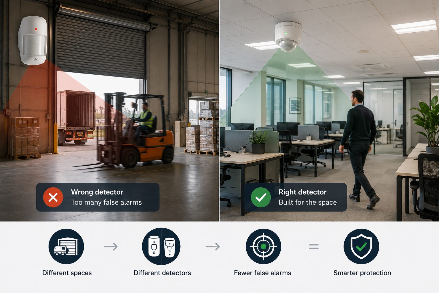 Side by side comparison of alarm detection, a wall mounted motion sensor covering a loading bay roller door and forklift marked wrong detector with too many false alarms, beside a ceiling detector covering an open office marked right detector built for the space, over a sequence reading different spaces, different detectors, fewer false alarms, smarter protection
