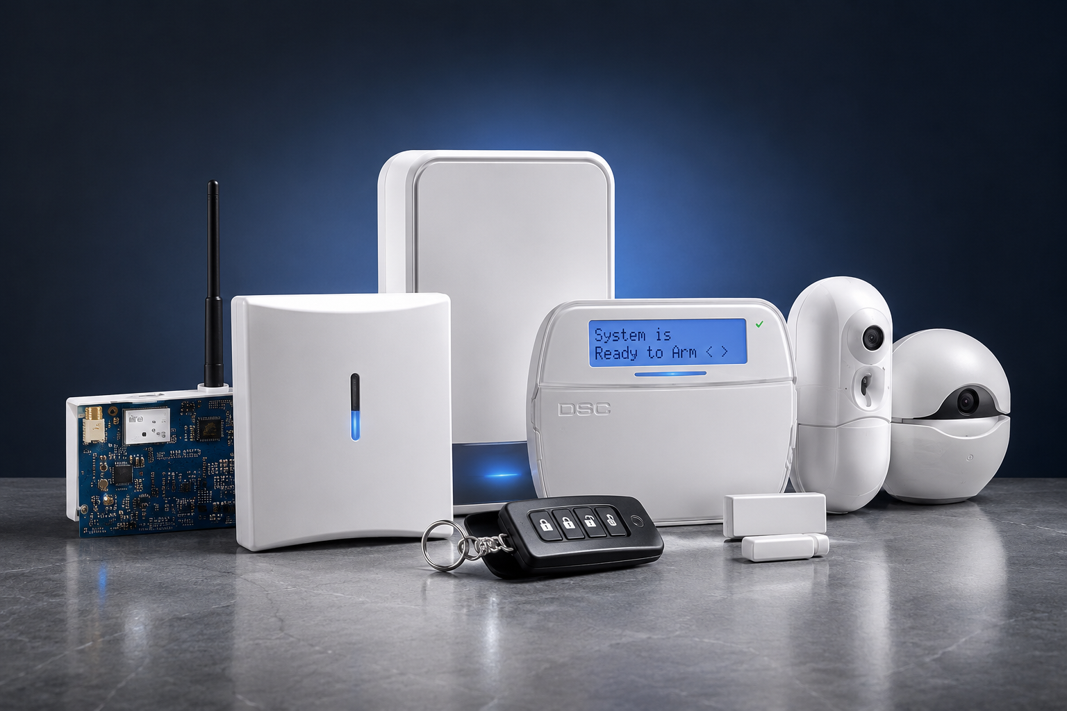 Commercial alarm system control panel with a keypad reading system ready to arm, alongside a communicator, key fob, door contacts and cameras