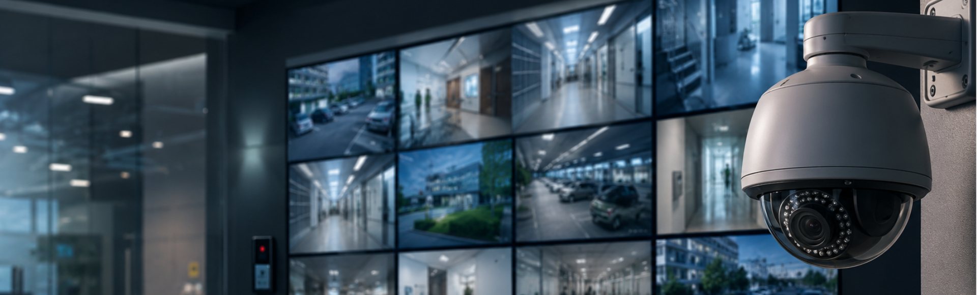 Security control room video wall showing live commercial CCTV feeds beside a dome camera