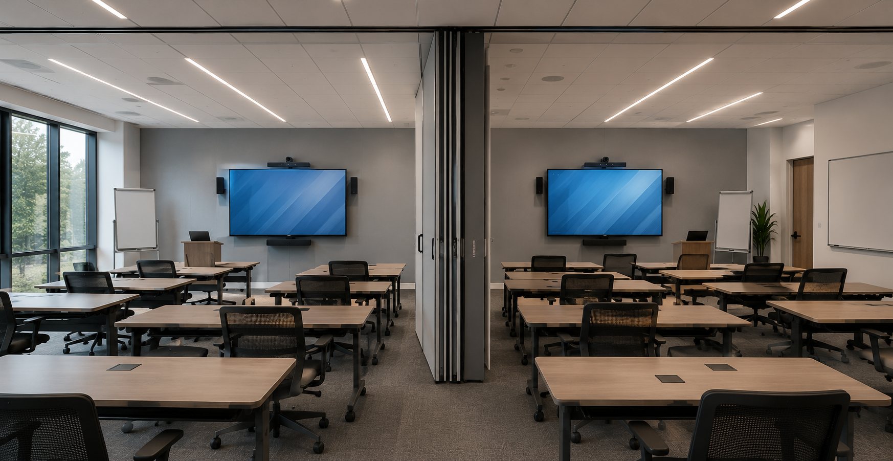 Divisible training room split by an operable partition, each half with its own display and camera