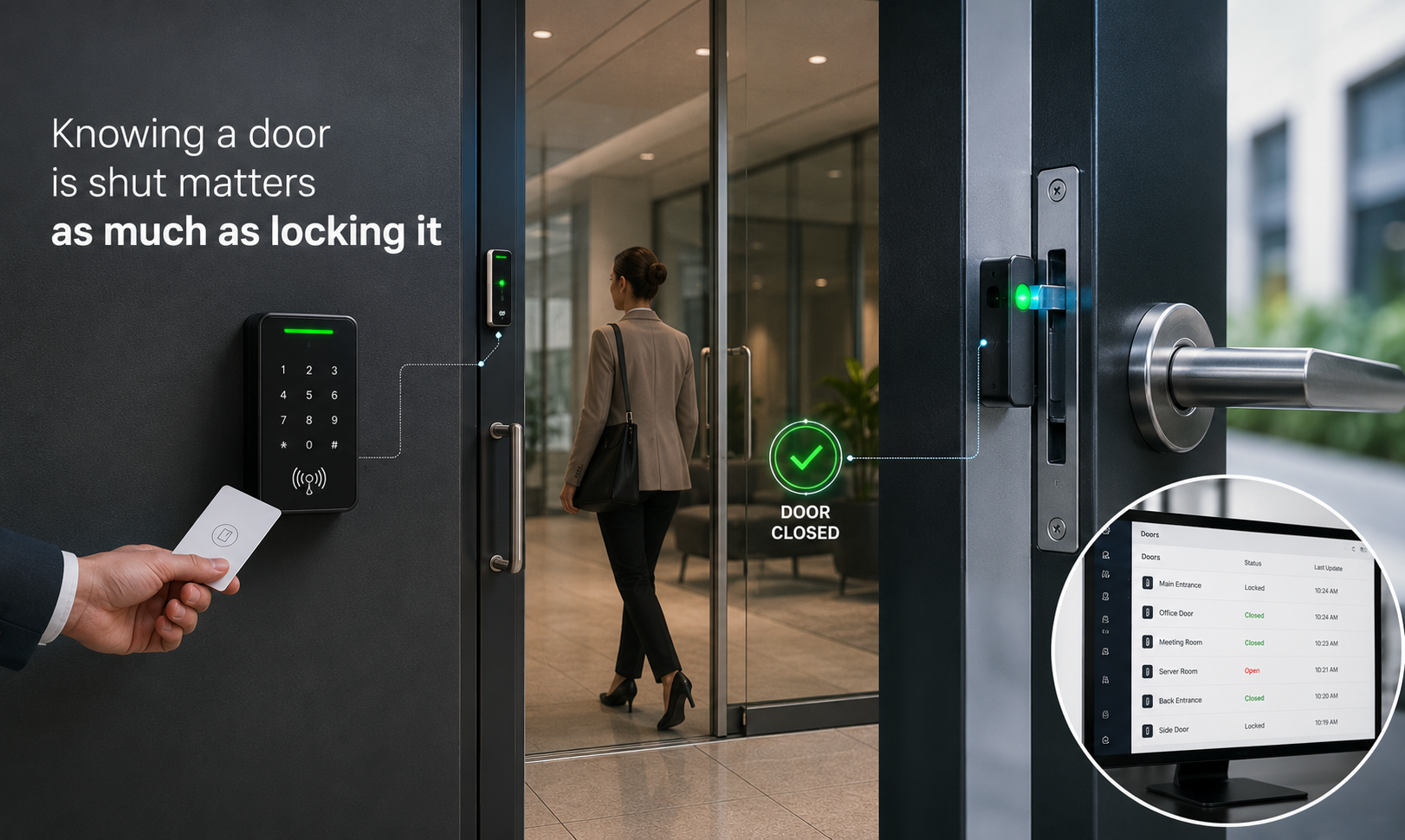 Door status monitoring showing a door closed indicator and a dashboard listing each door as locked, closed or open with the time of the last update