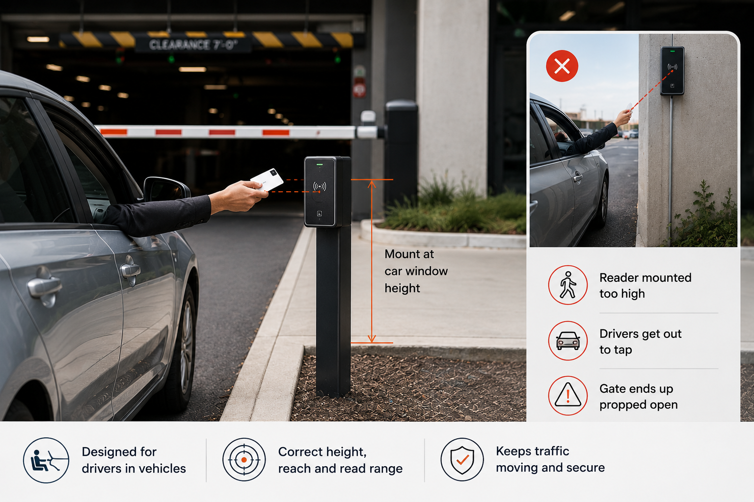 Driver presenting a card to a pedestal access reader from the car window at a parking garage barrier, annotated mount at car window height, beside an example of a reader mounted too high where drivers get out to tap and the gate ends up propped open