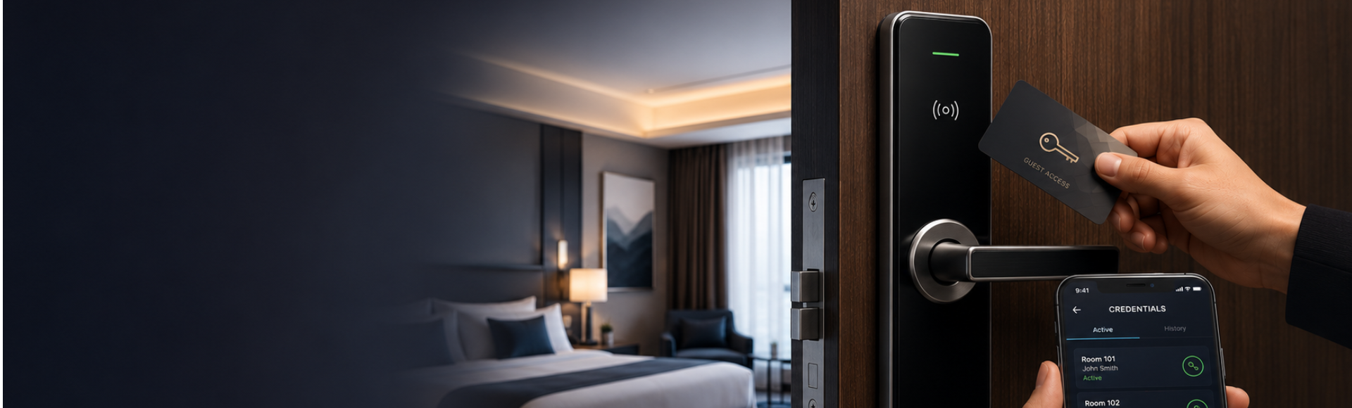 Hospitality lock on a hotel guest room door being opened with a key card, with active room credentials shown on a phone