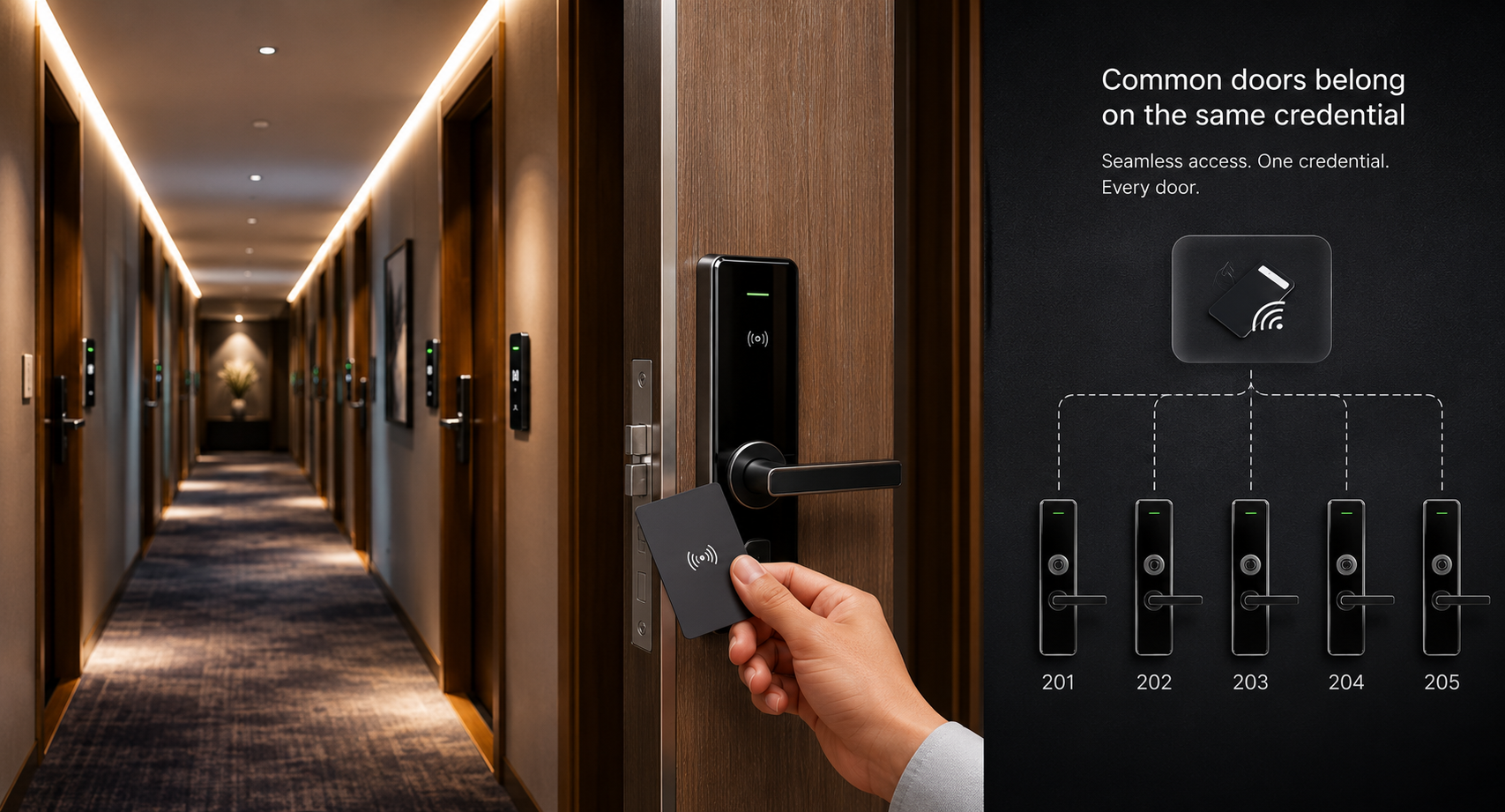 Hotel corridor with a lock on every guest room door and one credential opening rooms 201 to 205 on the same access system