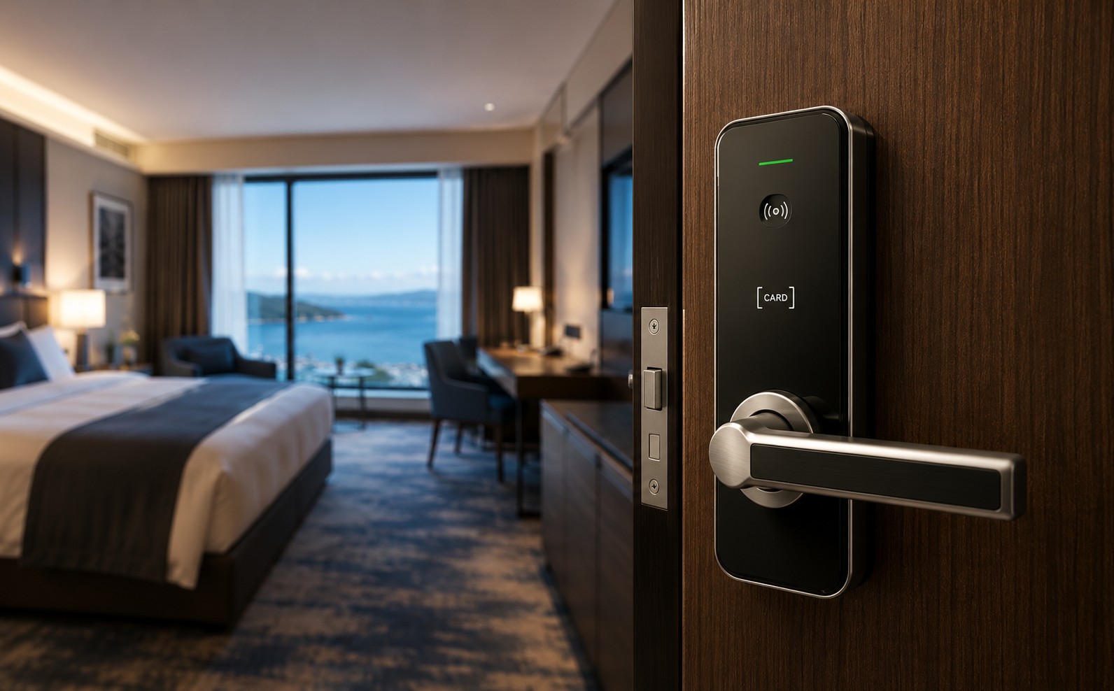 Hotel guest room door lock with an RFID card reader and lever handle fitted to a guest room door