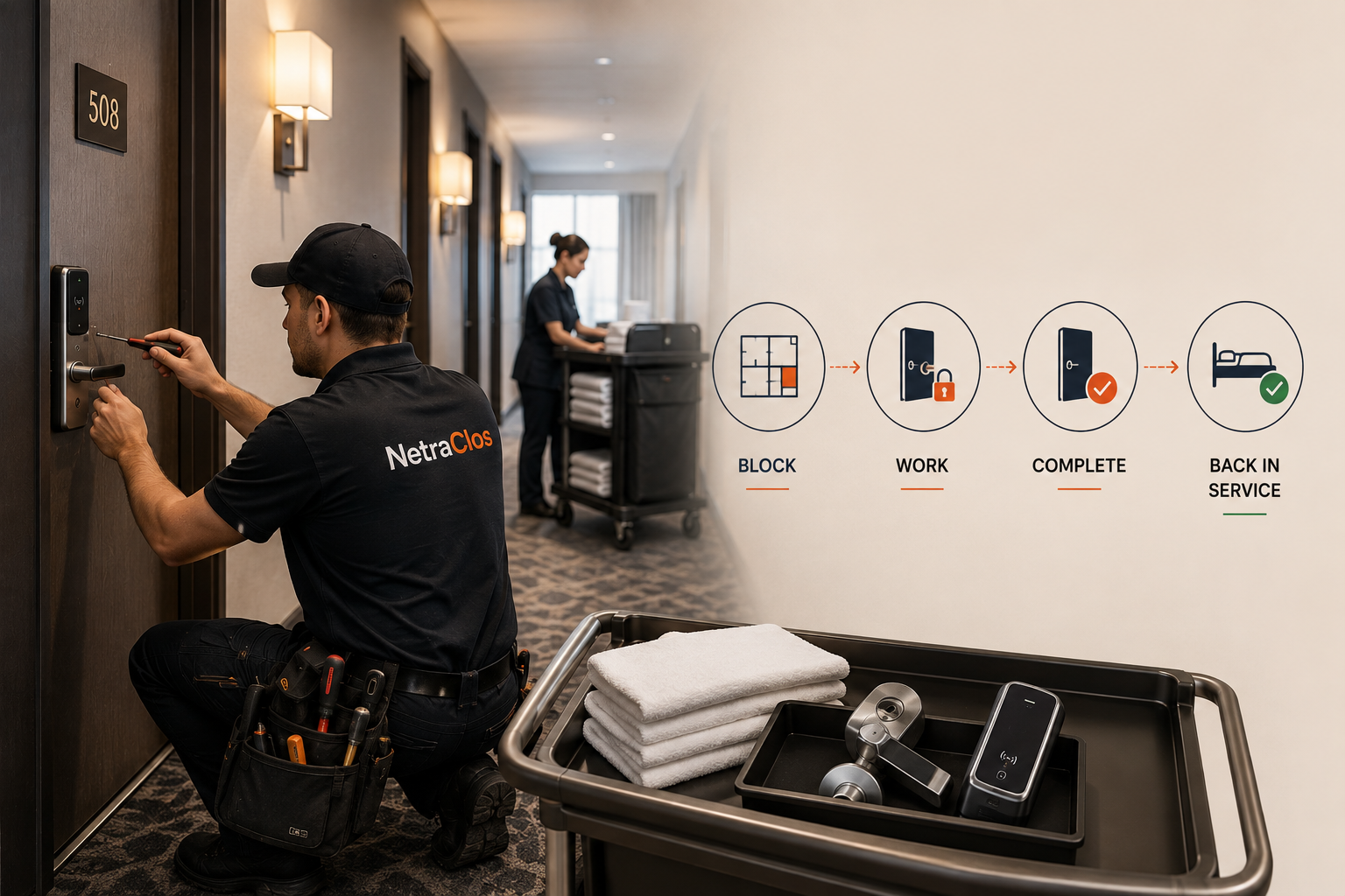 NetraClos technician fitting an electronic lock to guest room 508 while housekeeping works the same corridor, with replacement locks and levers on the cart and the rollout sequence shown as block, work, complete and back in service