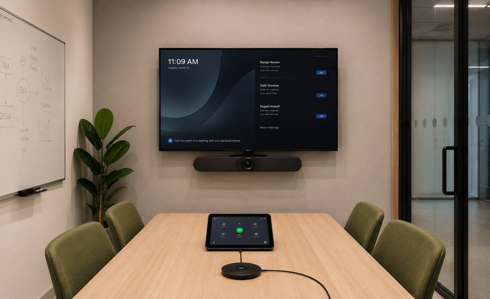 Huddle room display with an all in one video bar below it and a touch controller on the table