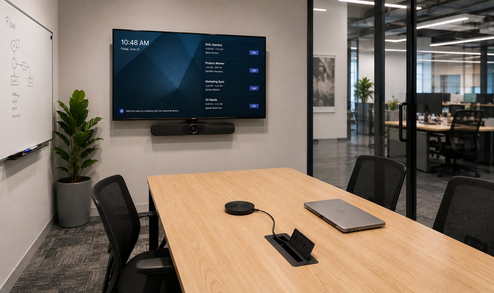 Laptop connected to a huddle room display through a single cable at the table