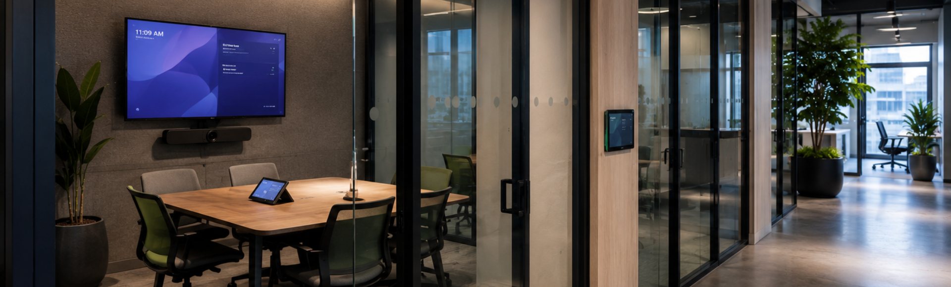 Glass walled huddle room with a wall mounted display, video bar and a scheduling panel at the door