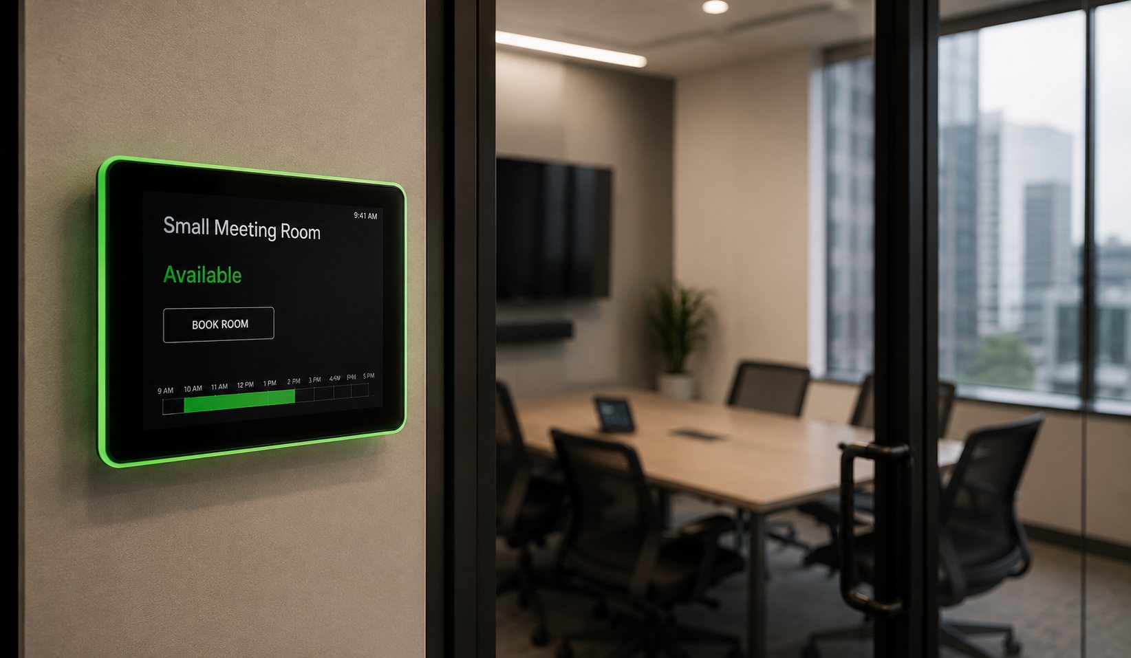 Room booking panel beside a meeting room door showing the room available with the day schedule