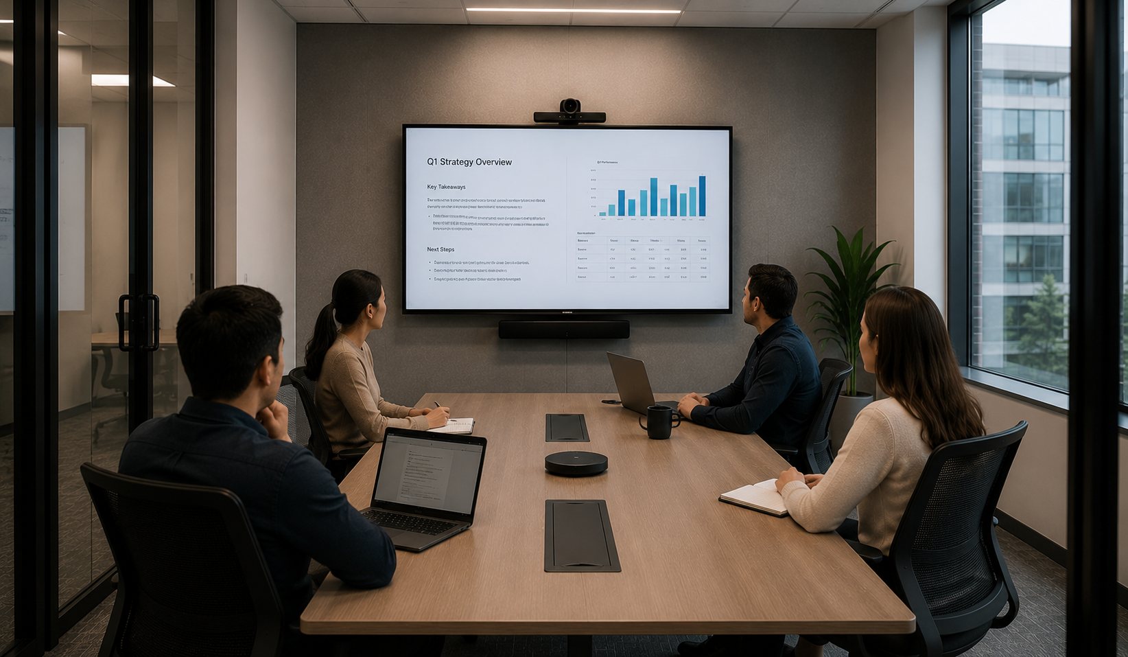 Meeting room display showing a slide with a chart, sized to stay readable from the furthest seat