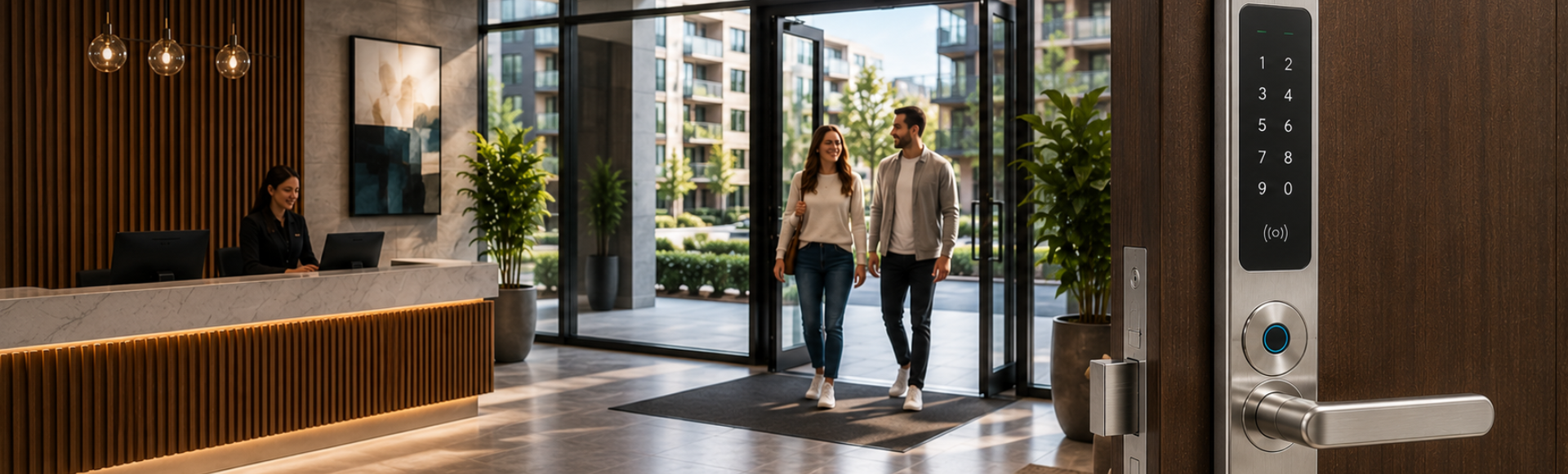 Residents entering a multifamily building lobby past the concierge desk, with a keypad smart lock on the suite door