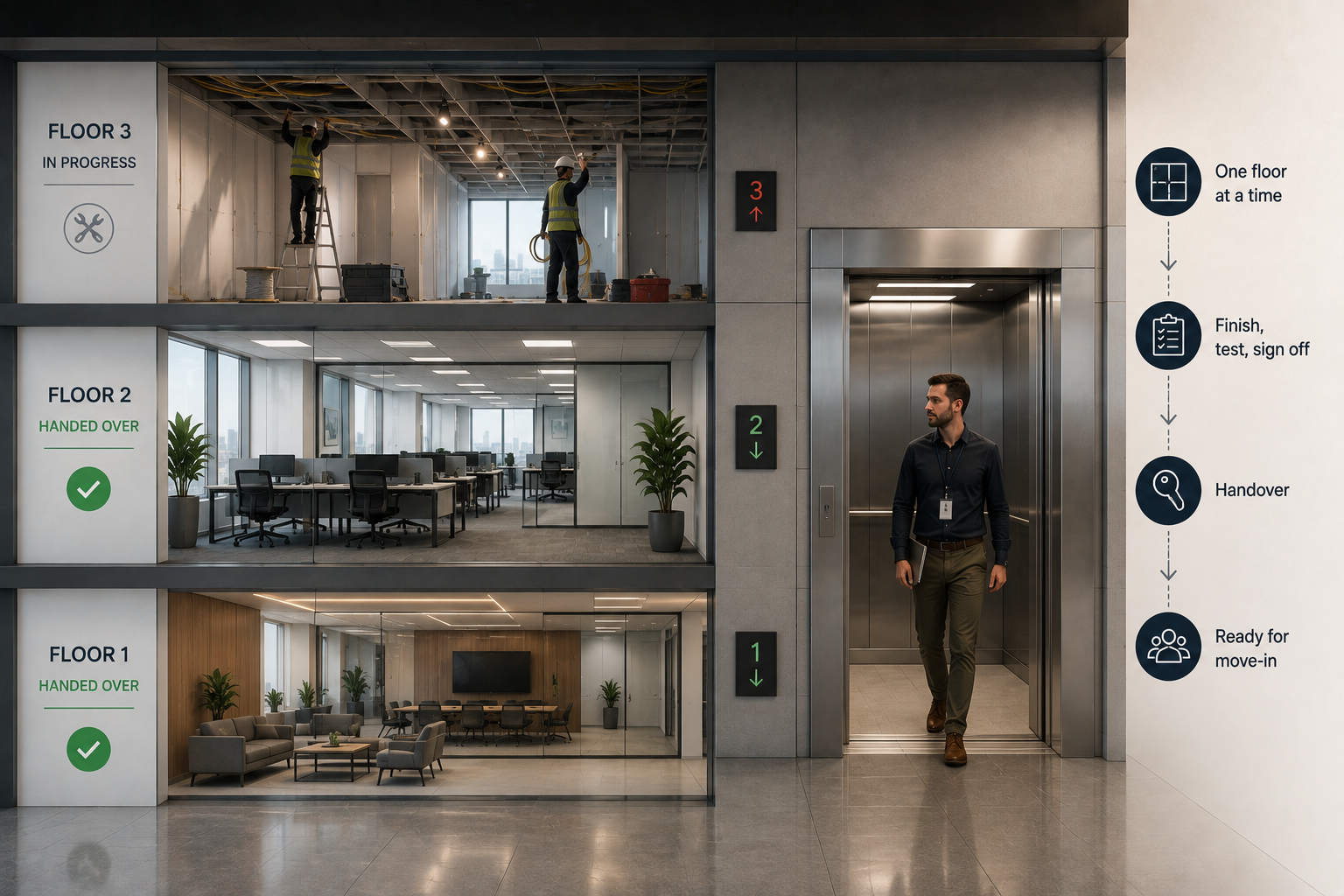 Cutaway of an office building mid fit out with floor three still in progress and trades working in the open ceiling, floors one and two marked handed over and already occupied, and a sequence reading one floor at a time, finish test and sign off, handover, ready for move in