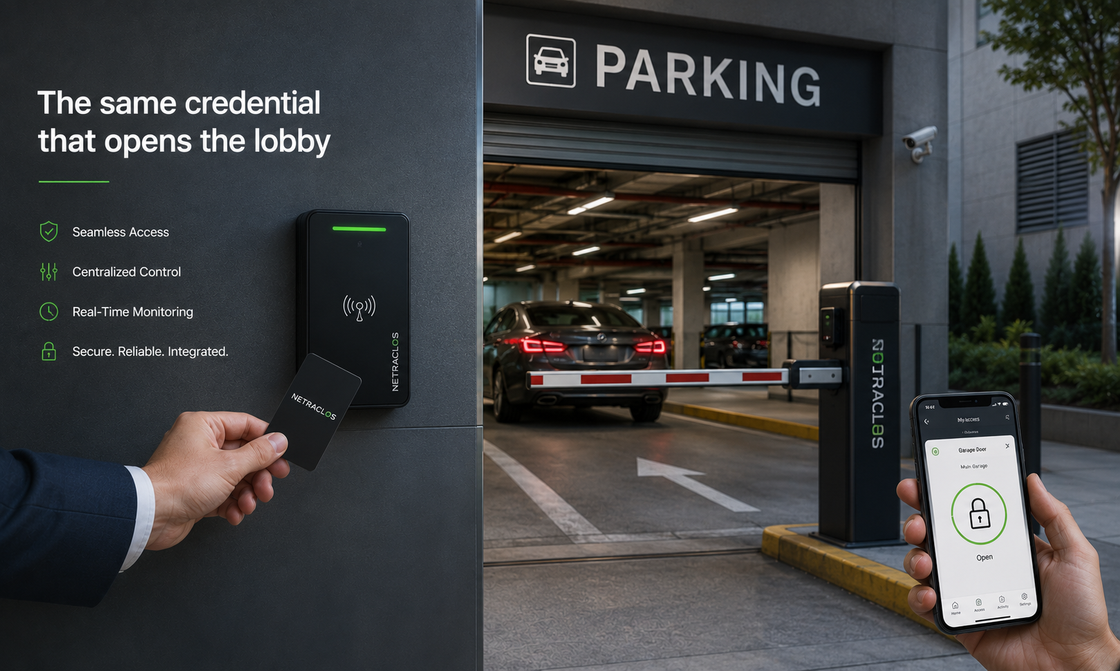 Parking garage access control with a card reader at the lobby and the same credential raising the barrier gate, managed from a mobile app