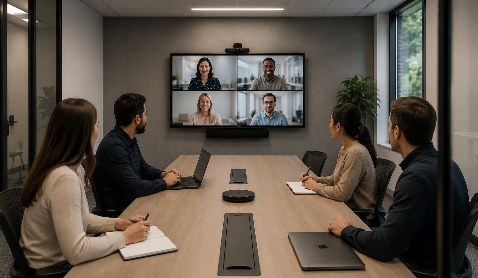 Four people in a small meeting room on a video call with the remote participants on the display