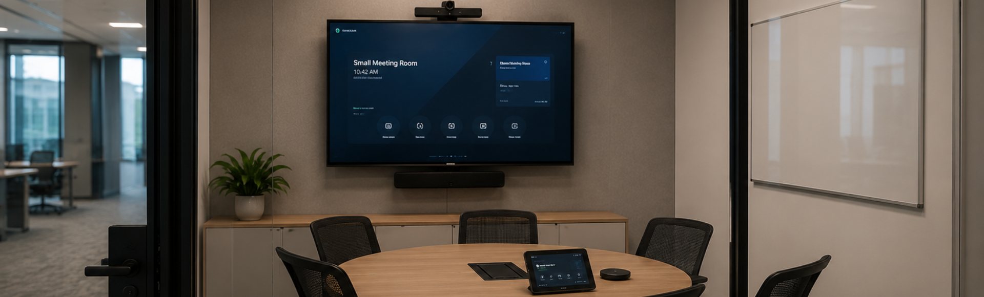 Small meeting room with a wall mounted display, camera above it, soundbar and a touch controller on the table