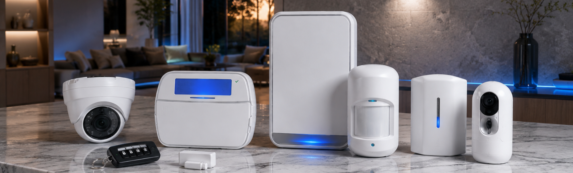 Smart alarm system equipment laid out on a counter, control panel, motion sensor, door contact, sirens, key fob and cameras