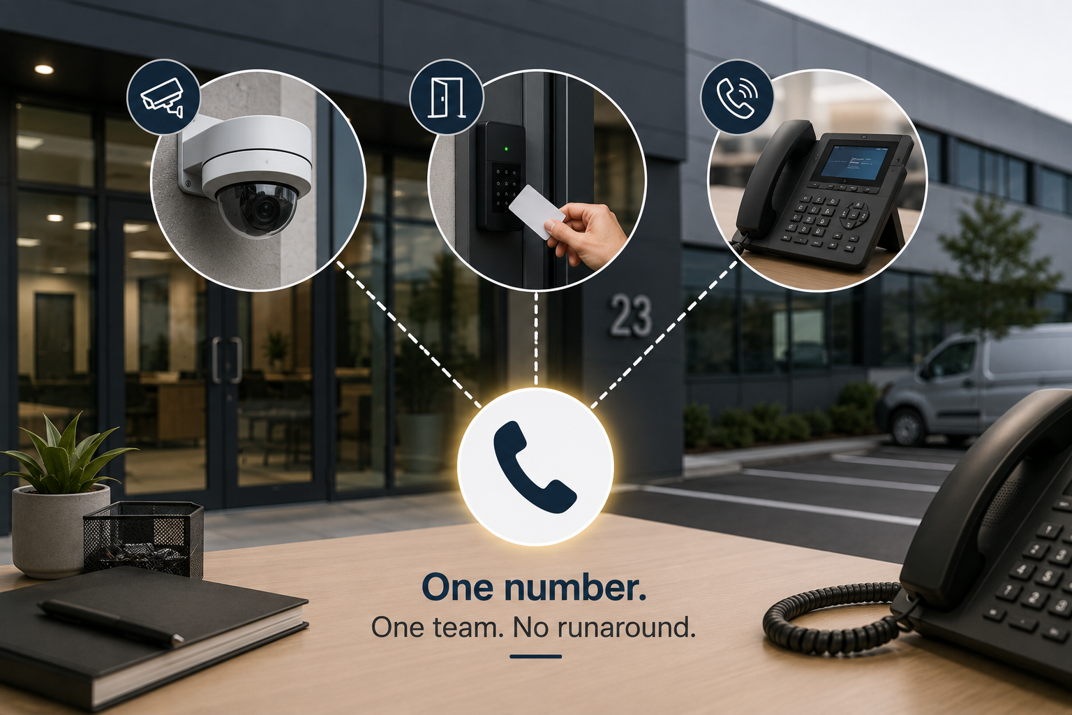 A dome camera, a door access reader and a desk phone at a business premises all linked back to a single support contact, under the line one number, one team, no runaround