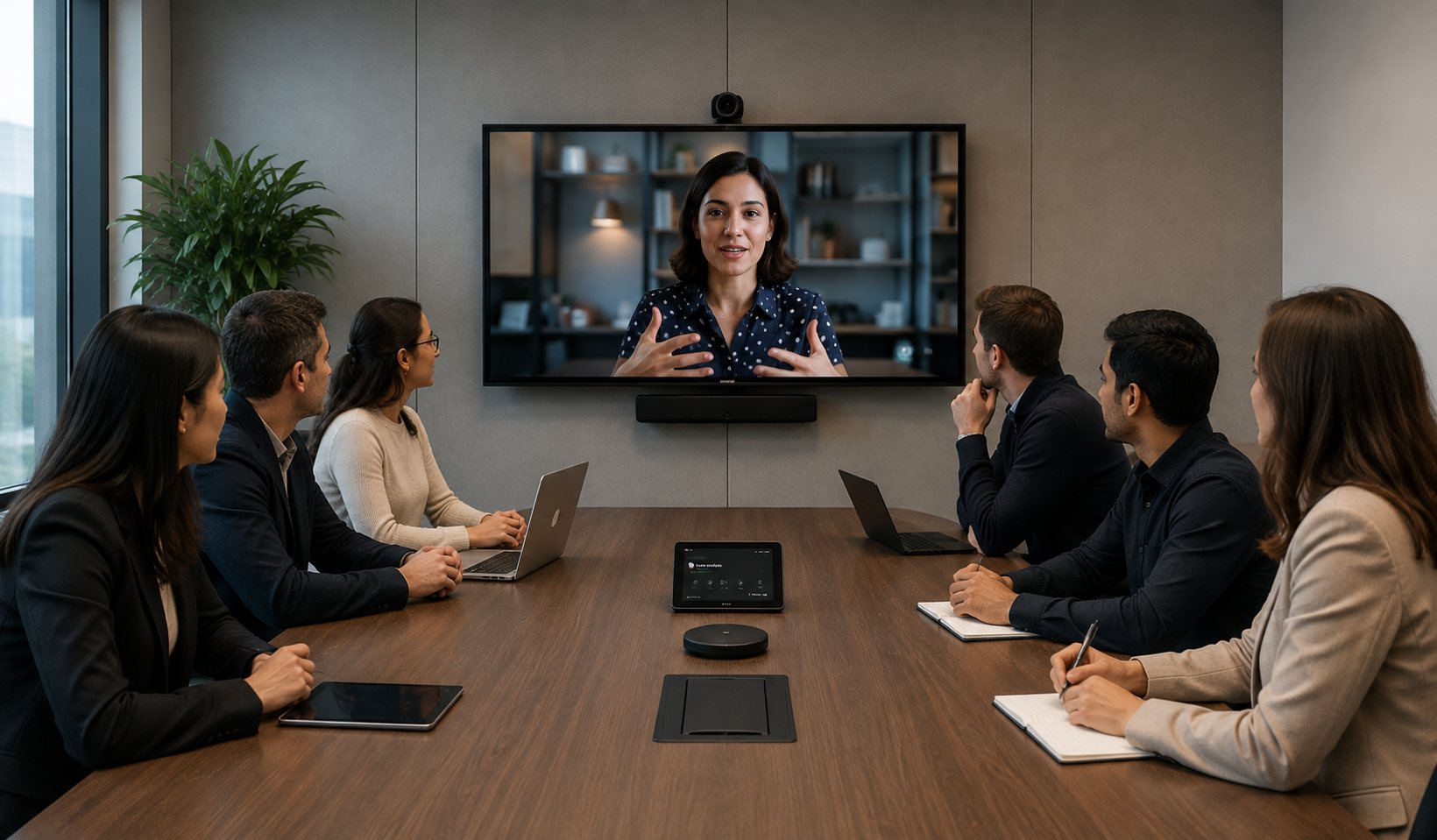 Team room video call with the remote speaker framed large on the display while the table listens