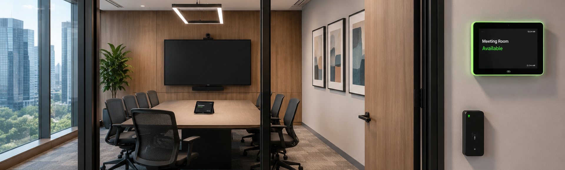 Glass walled team room with a wall mounted display, camera and a room booking panel at the door