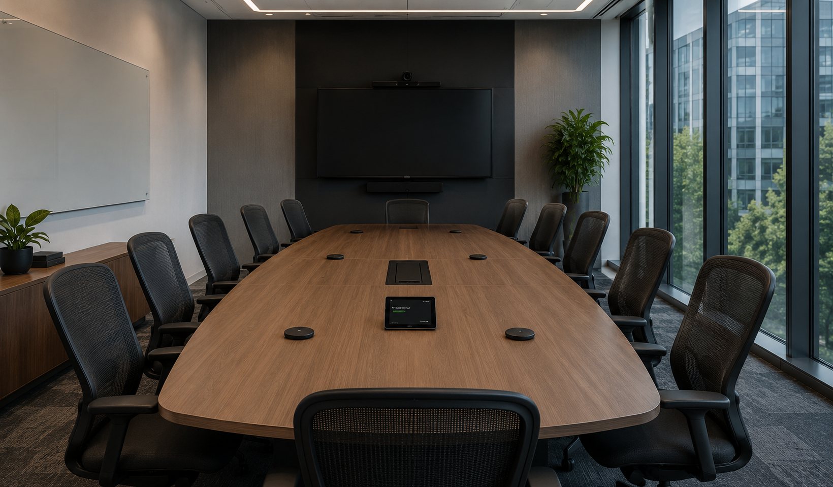 Wide team room table with microphones distributed across the seating and a display and camera at the end