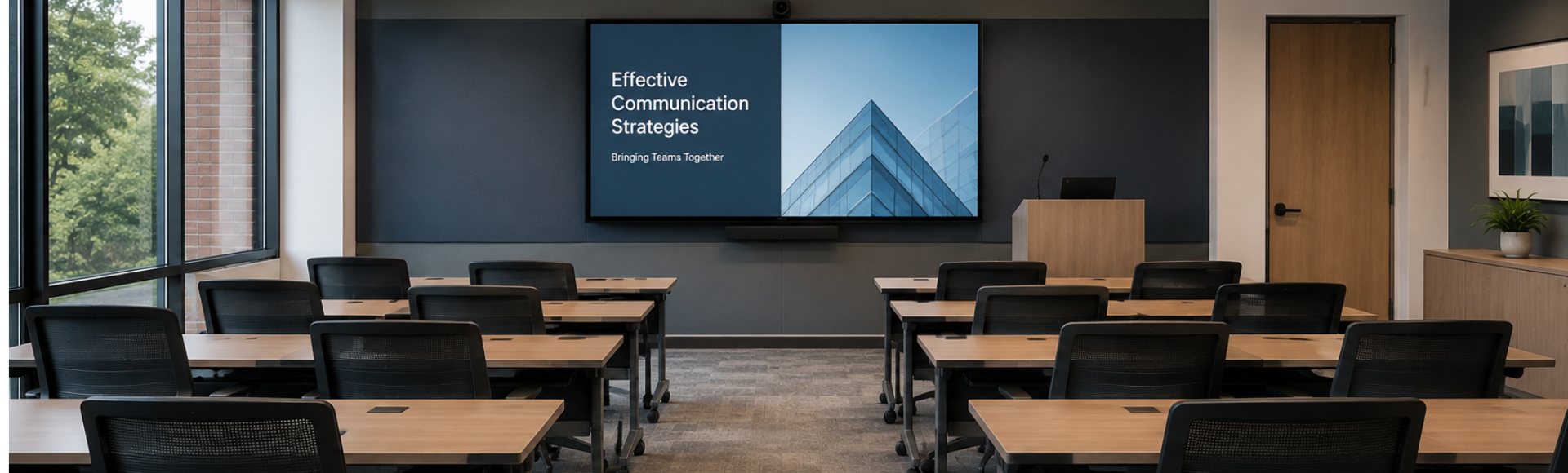 Training room with rows of tables facing a large display, presenter lectern and soundbar