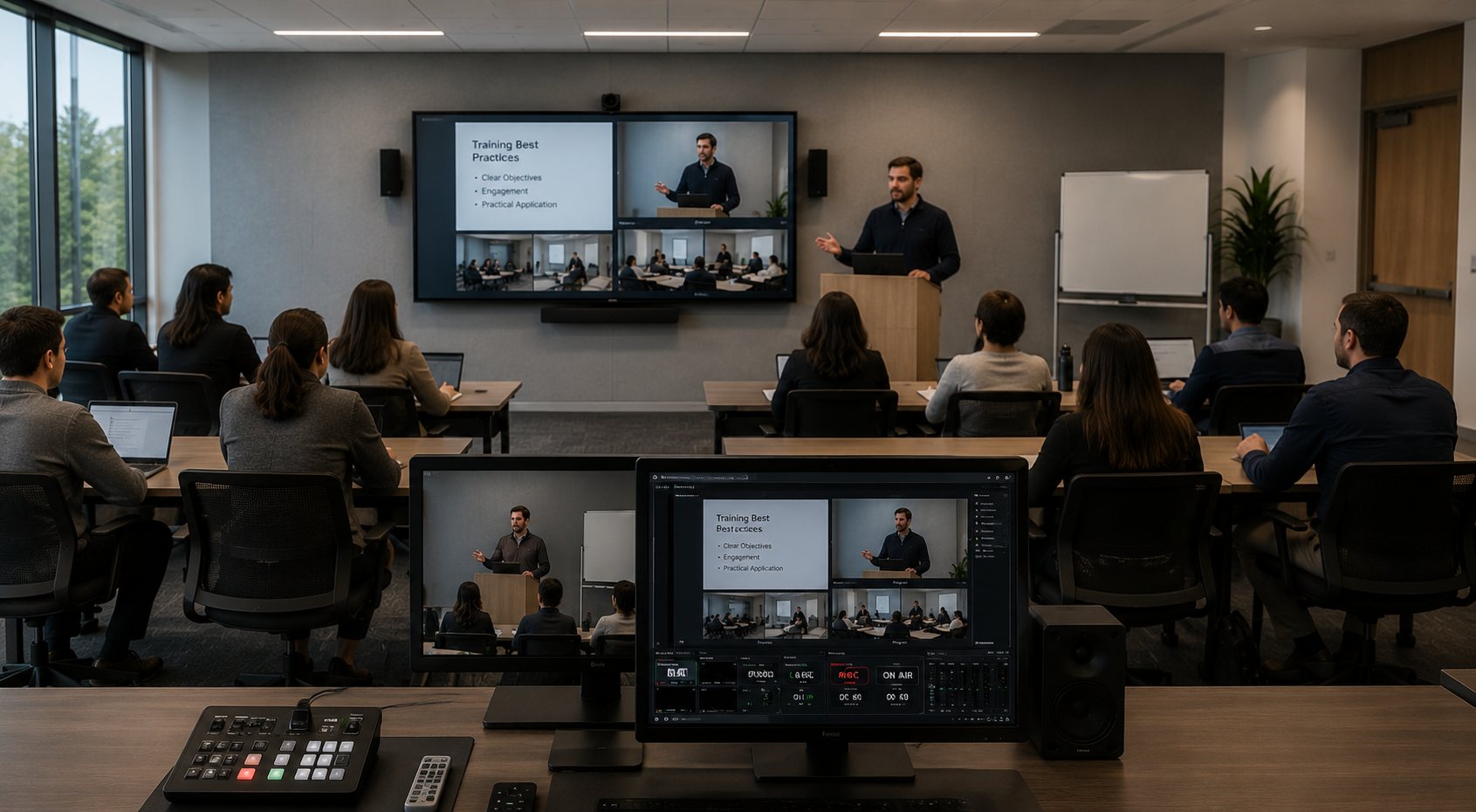 Training session being recorded from a production position with a multiview monitor and on air indicator