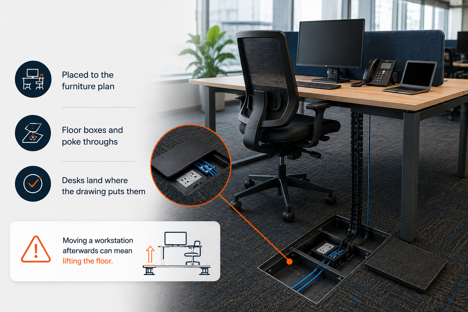 Office workstation fed from floor boxes below the desk, with the cabling routed up the leg, labelled placed to the furniture plan, floor boxes and poke throughs, and desks land where the drawing puts them